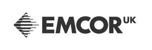 EMCOR UK logo in black, featuring stylized horizontal stripes forming a diamond shape to the left of the bold text EMCOR UK on a white background.