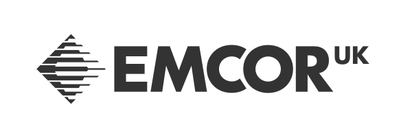 EMCOR UK logo in black, featuring stylized horizontal stripes forming a diamond shape to the left of the bold text EMCOR UK on a white background.