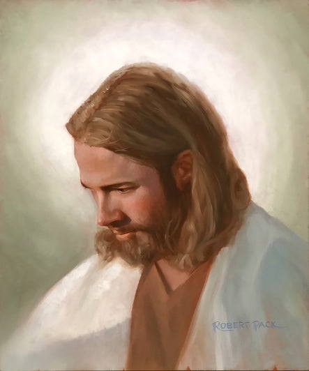 Portrait of Jesus. He is looking down with a calm expression.