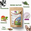 VierBeinerGlück Detox und SOS Drops enthalten JPflanzenkohle, Rosmarin, Piper Longum, Kräutermix und weitere Wirkstoffe. Die Drops sind hypoallergen und sehr gut verträglich auch für empfindliche Hunde.