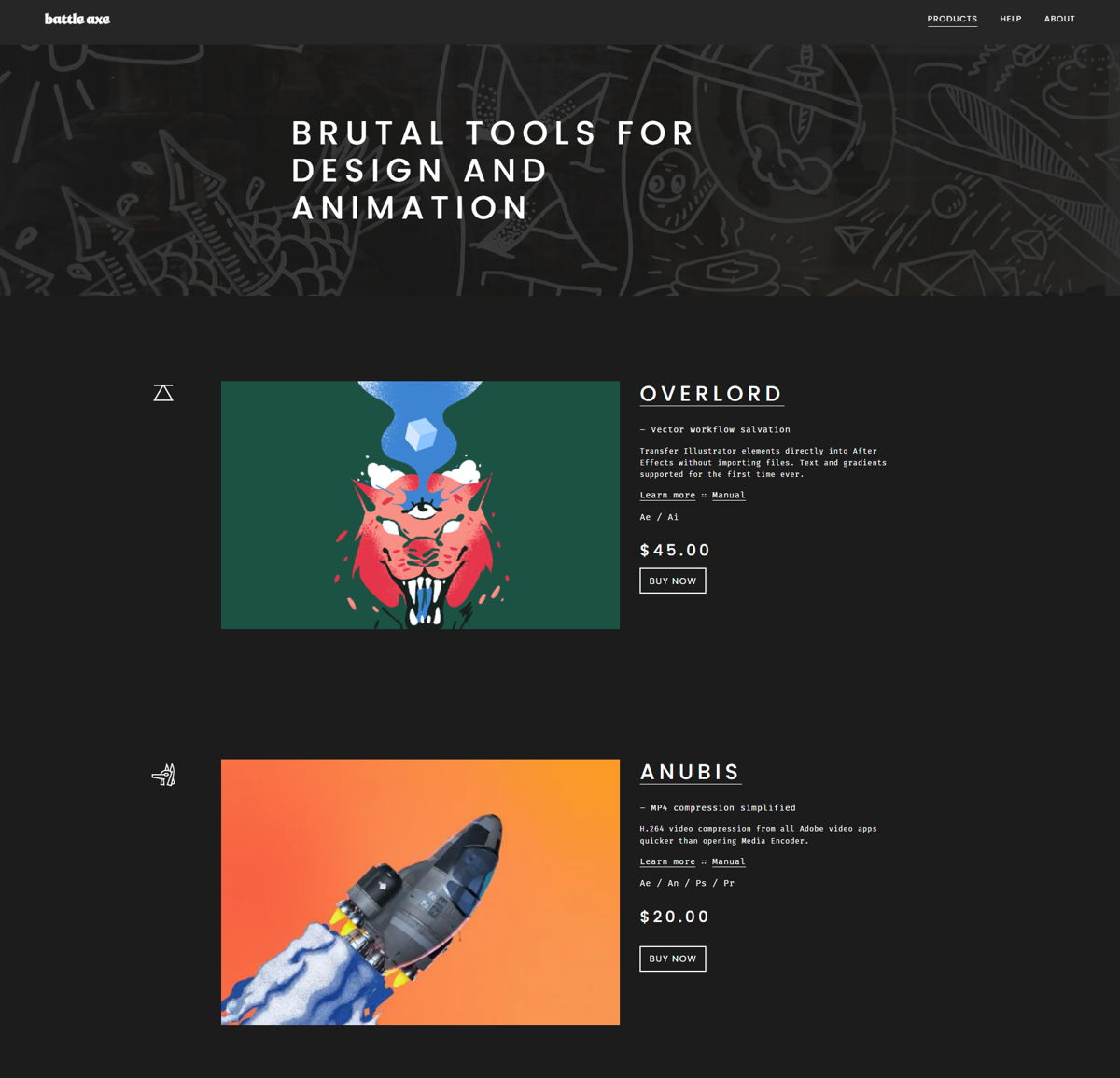 Screenshot of Battle Axe, from the squarespace ecommerce examples collection.