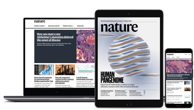 Laptop and Mobile devices with Nature.com open and a tablet with Nature digital edition front cover open
