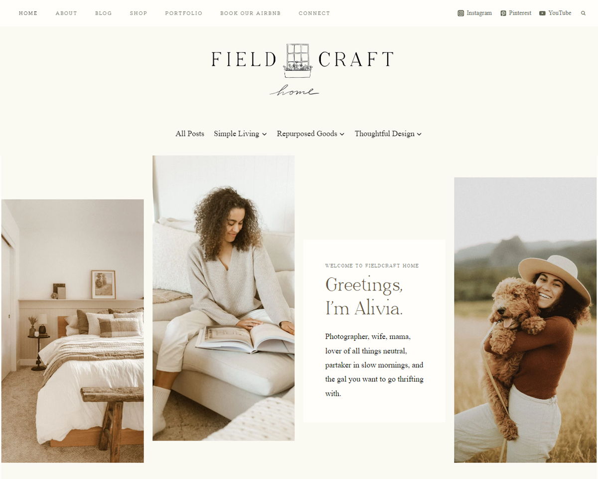 Screenshot of Fieldcraft Home, from the influencer websites collection.