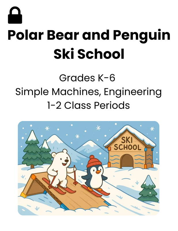 Image of a polar bear and penguin skiing down a cardboard ramp in a winter-themed STEM lesson, illustrating 3DuxDesign’s hands-on simple machines and engineering project for elementary students. Designed to support early learning, problem-solving, and real-world STEM education for grades K–6.