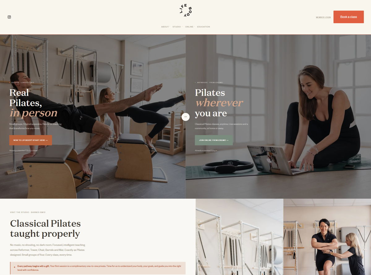 Screenshot of LifeBody , from the pilates websites collection.