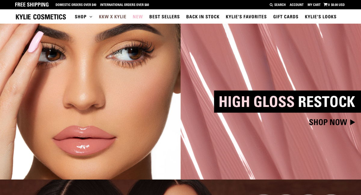 Screenshot of Kylie Cosmetics, from the shopify stores collection.
