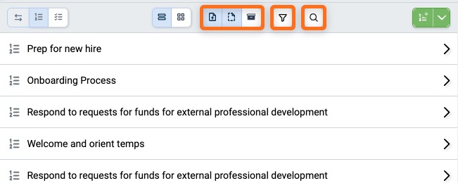 Status, Filter, and Search buttons in the Procedure list header