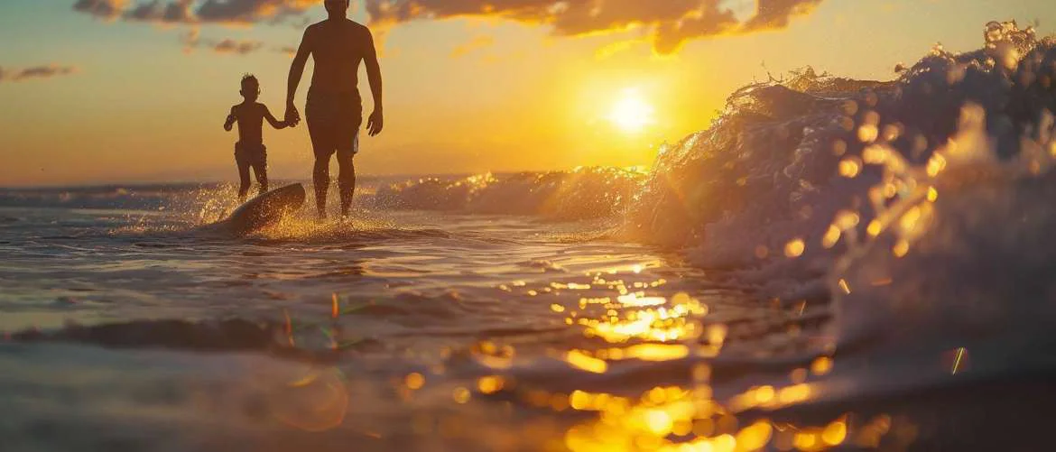Physical therapist watches over a participant successfully surfing at sunset