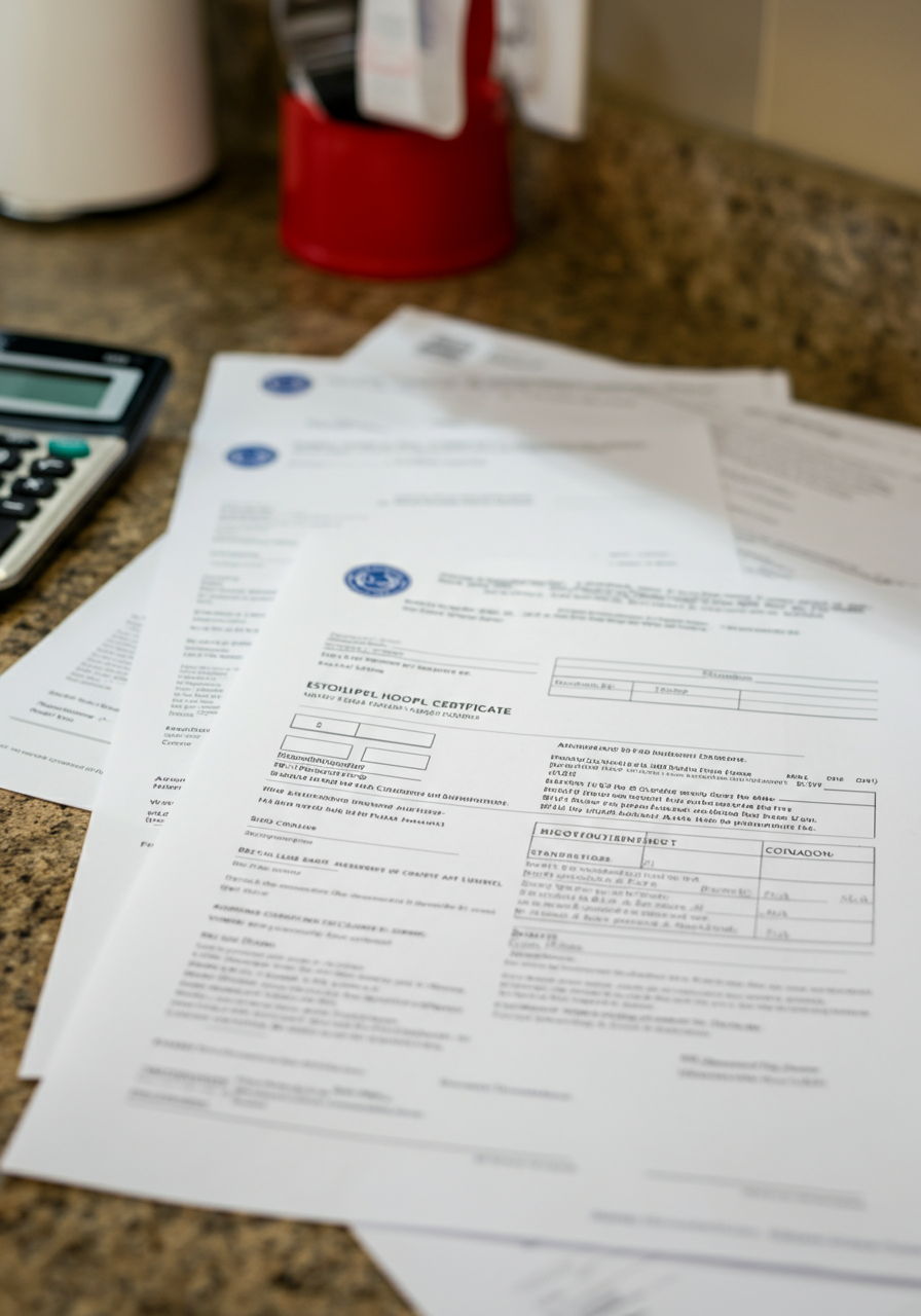 A close-up of HOA documentation including an estoppel certificate showing the current dues status, transfer fees, and special assessment information for a Chicago condominium. The documents are arranged on a kitchen counter with a calculator nearby.