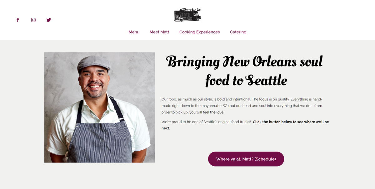 Screenshot of Where Ya At Matt, from the food truck websites collection.