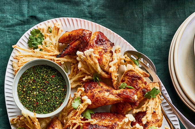 Thai-Style Roast Chicken with Fried Enoki Mushrooms