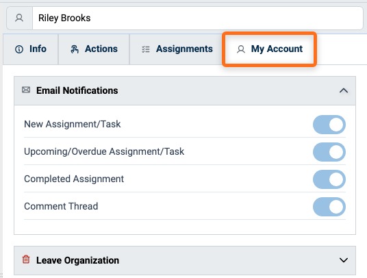 Email Notifications panel on the My Account tab