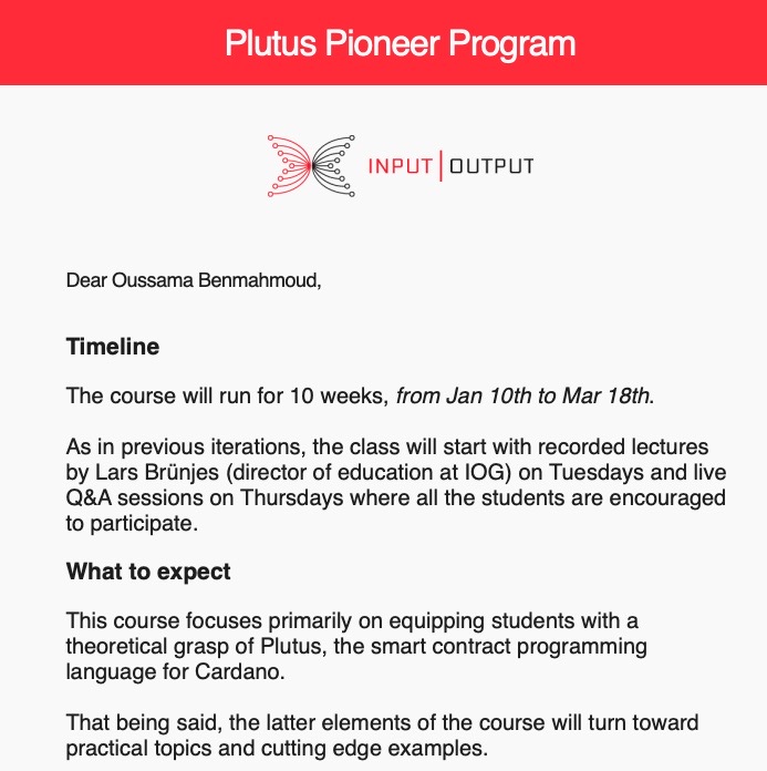 Plutus Pioneer Program Enrollment Confirmation