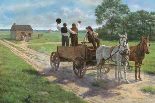 Painting of Heber Kimball and Brigham Young standing up in the wagon and waving to their family.