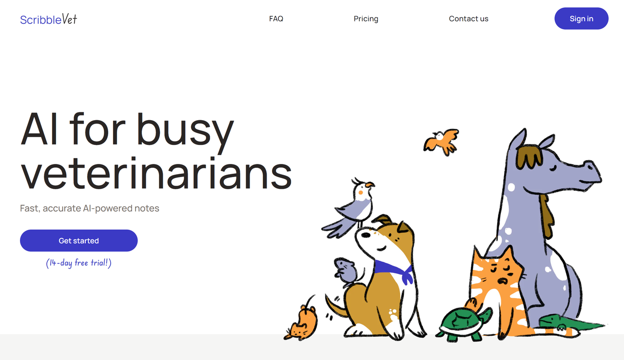 Screenshot of ScribbleVet's website landing page, an AI scribe
