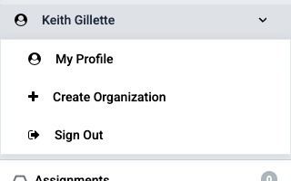 User Menu open at the top of the Navigation pane