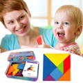 A display of a colorful Montessori Sorting Puzzle educational toy with mother and toddler smiling in the back. 