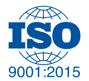 Blue ISO 9001:2015 text with a stylized globe behind ISO in bold letters.