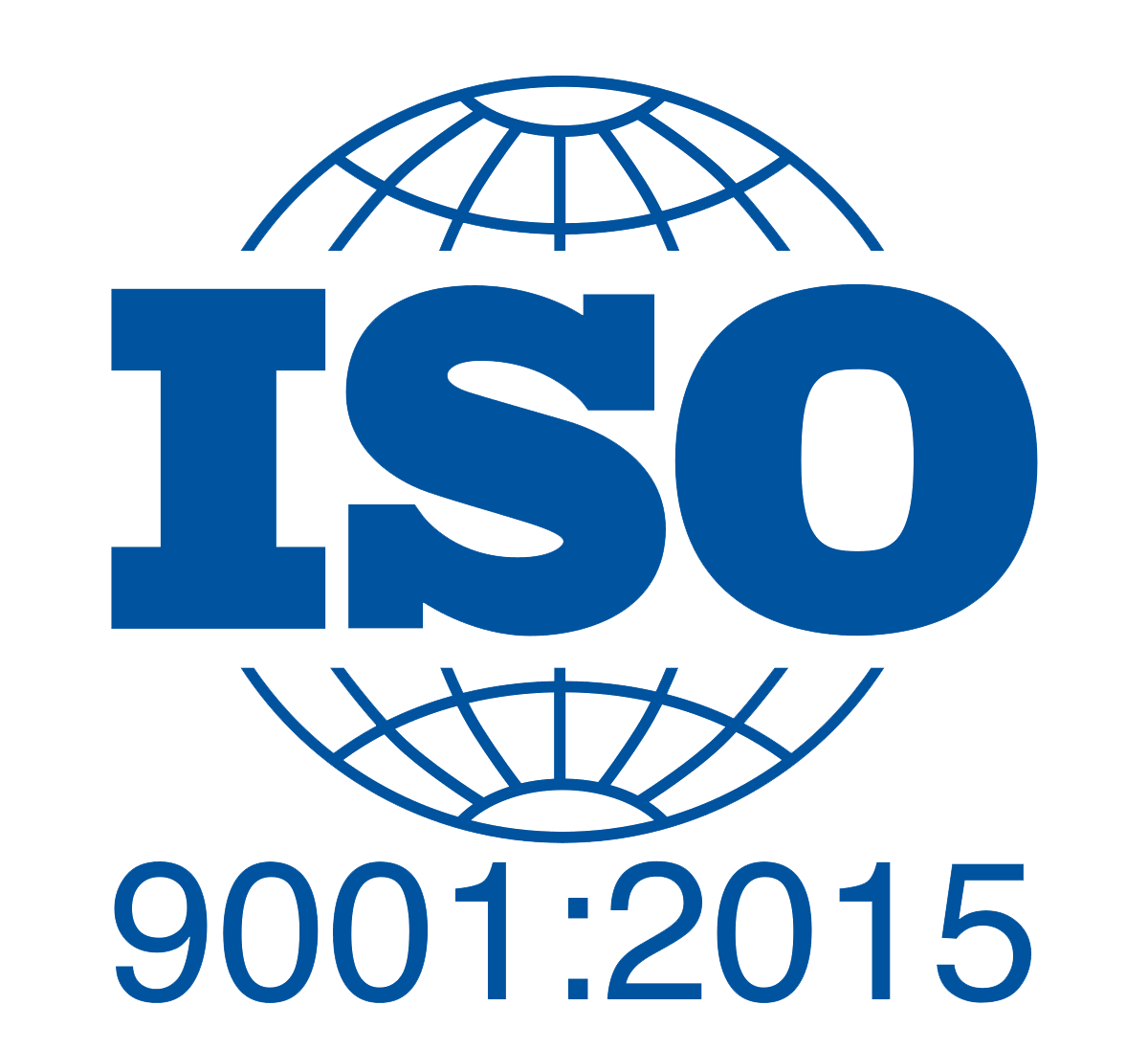 Blue ISO 9001:2015 text with a stylized globe behind ISO in bold letters.