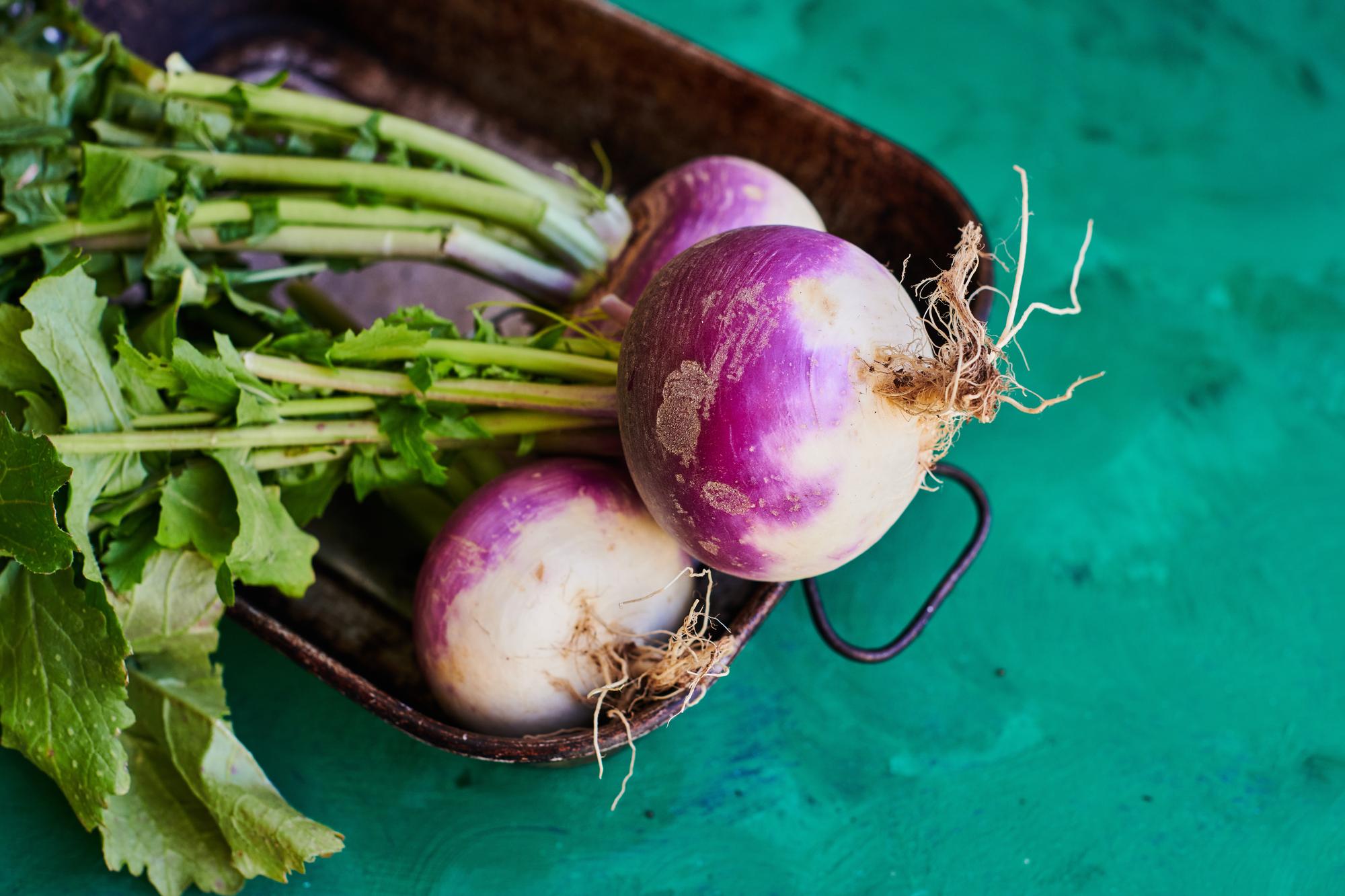 Several purple top turnips with leaves in a metal container on a blue surface