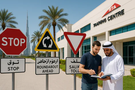 Two men, one in traditional dress and one in casual, study a book next to road signs including Stop and Roundabout Ahead. Behind them is the RTA Training Centre and the Burj Khalifa in Dubai.