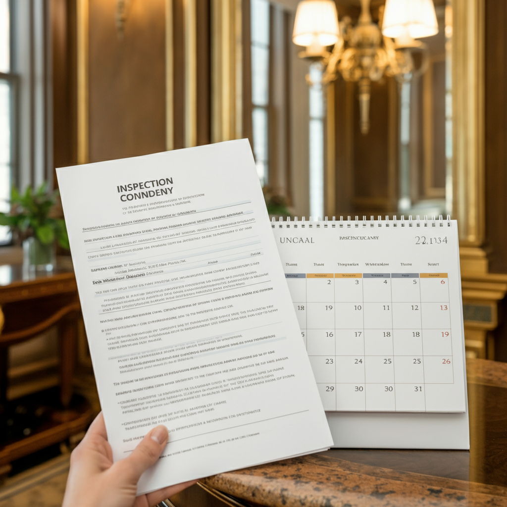 An inspection contingency addendum being reviewed in an elegant Gold Coast condominium. The document details the buyer's right to professional property evaluation and negotiation options. A calendar showing inspection and response deadlines sits nearby, emphasizing the time-sensitive nature of these contingencies in Chicago's competitive market.