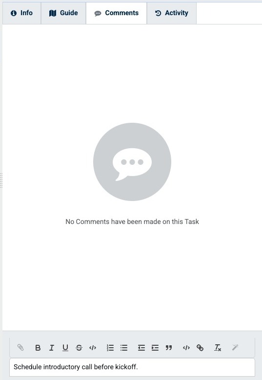 Comments tab in the detail pane with formatting toolbar and a draft comment in the input
