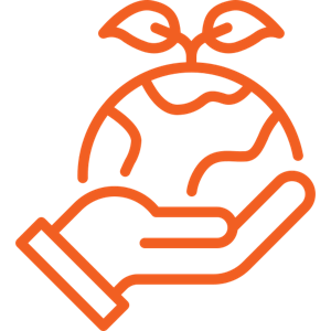 An orange line drawing of a hand holding the Earth with a plant sprouting from the top, symbolizing environmental care and sustainability.