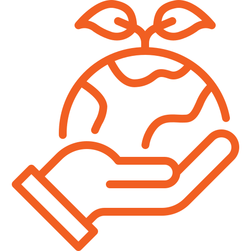 An orange line drawing of a hand holding the Earth with a plant sprouting from the top, symbolizing environmental care and sustainability.