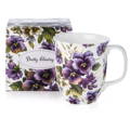 Chintz Purple Pansies Java mug, 12.5 oz (375 ml) fine bone china, front view, handle right. Gift Box included. 