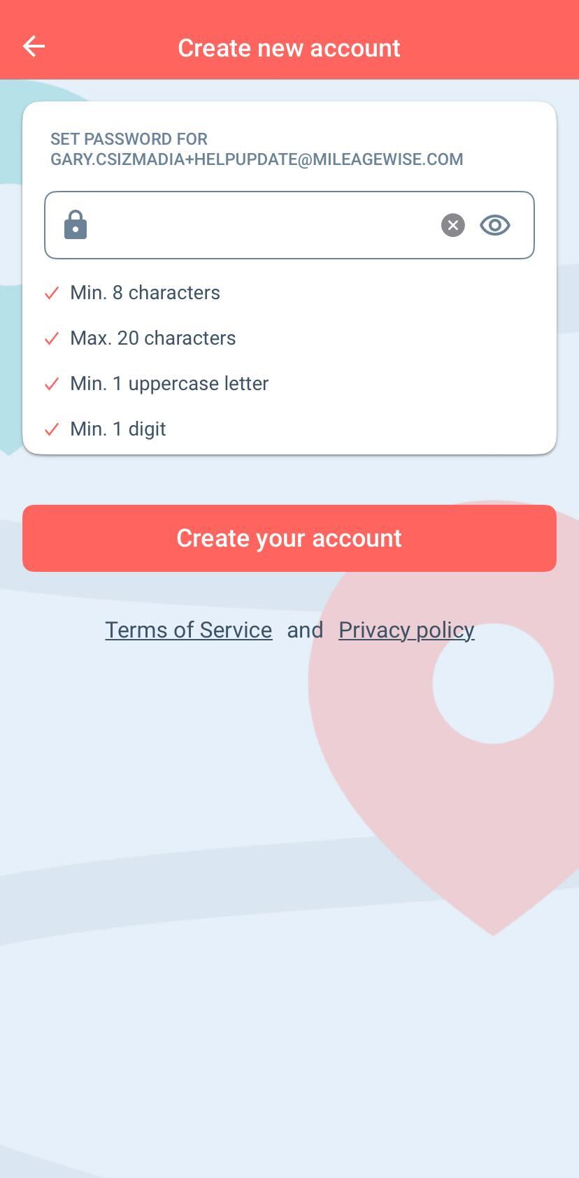 MileageWise create new password