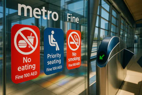 Three signs on a metro station glass door displaying rules: no eating, priority seating, and no smoking, each with a 100 AED fine amount. A fare gate is next to the door.