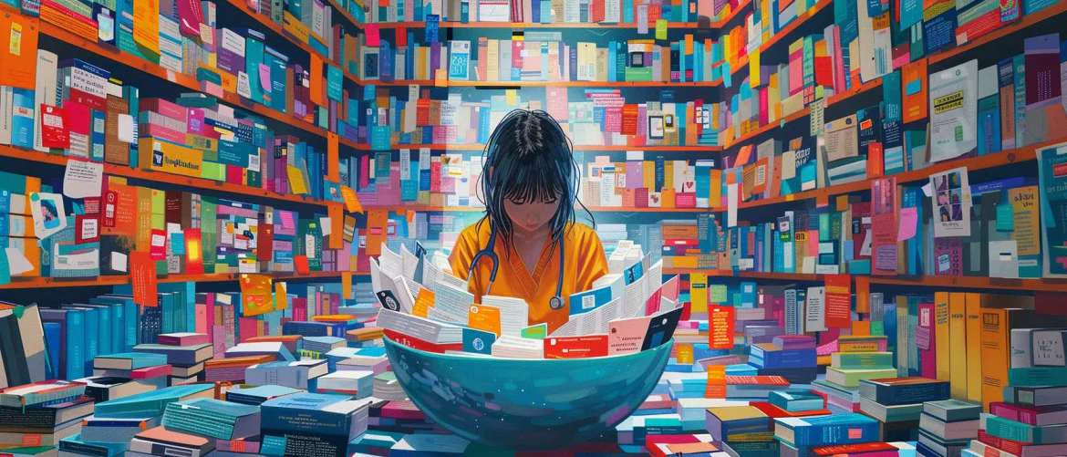 Nurse swimming in alphabet soup of certifications, highlighting continuous learning.