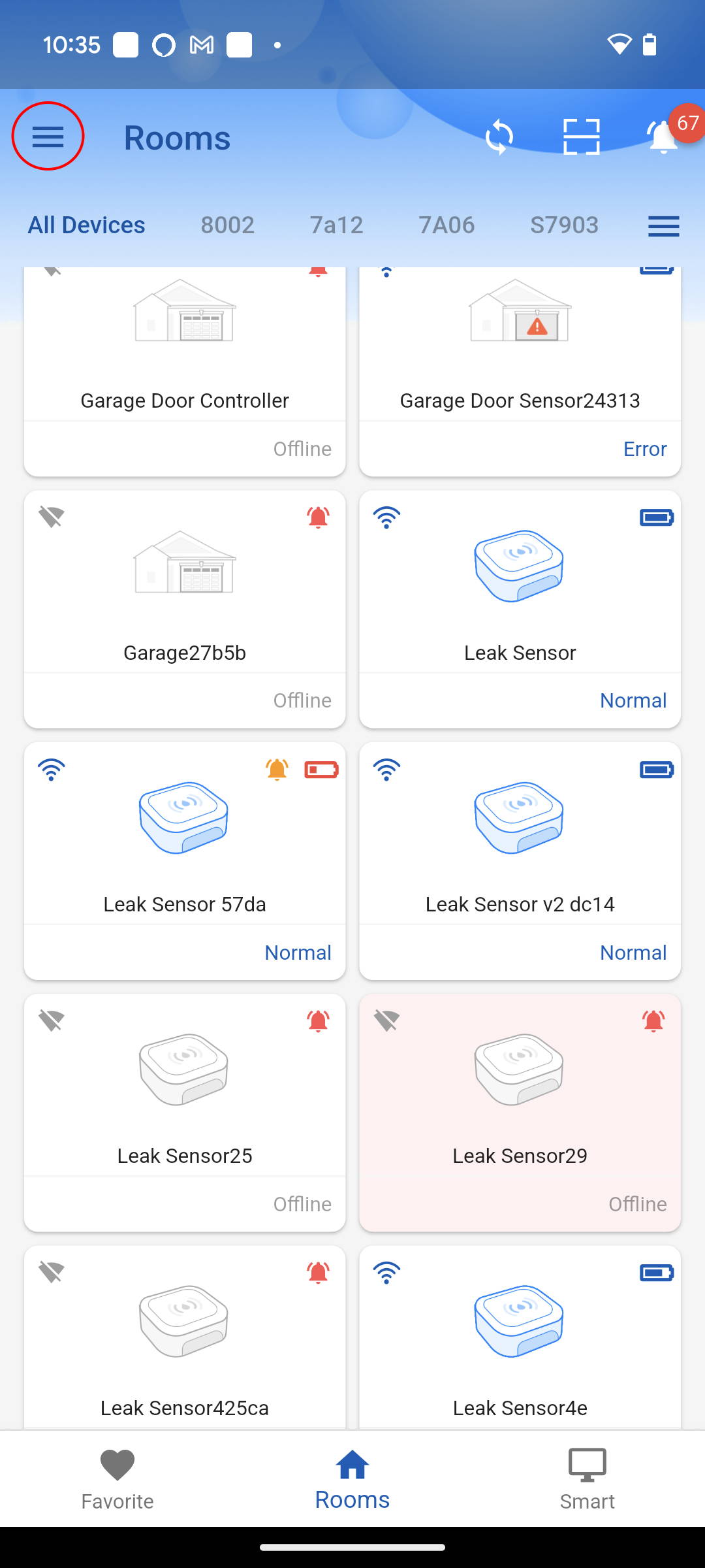 Home screen showing a list of smart devices. Tap the menu button in the top left corner to open navigation options.