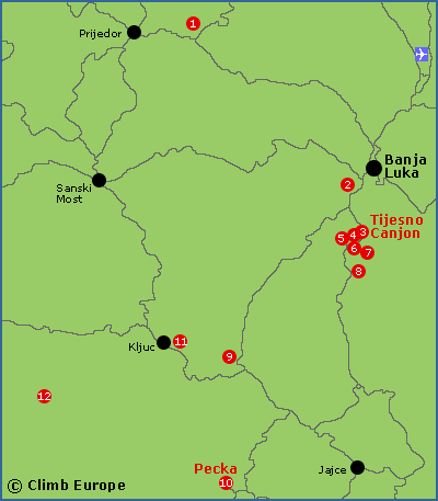 Map of the rock climbing areas around Banja Luka