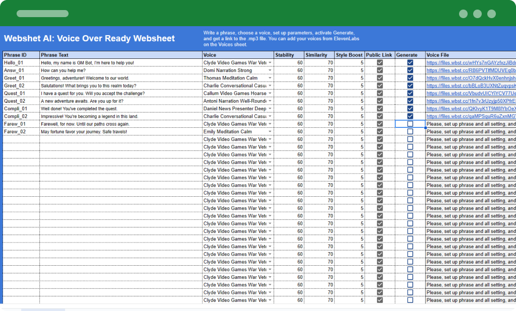 Filling websheet