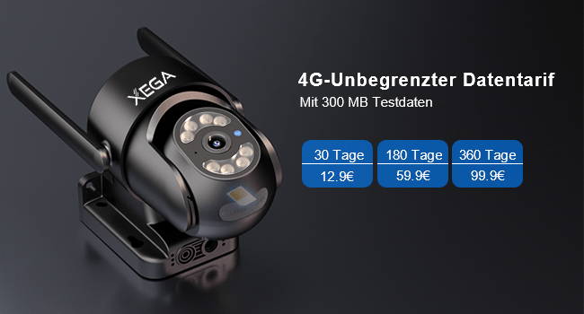 Eine schwarze XEGA 4G-Überwachungskamera mit zwei Antennen und Preise für unbegrenzten Datentarif.