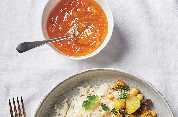 Sheet-Pan Curried Root Vegetables and Chickpeas with Mango Sauce