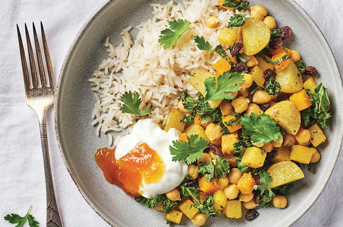 Sheet-Pan Curried Root Vegetables and Chickpeas with Mango Sauce