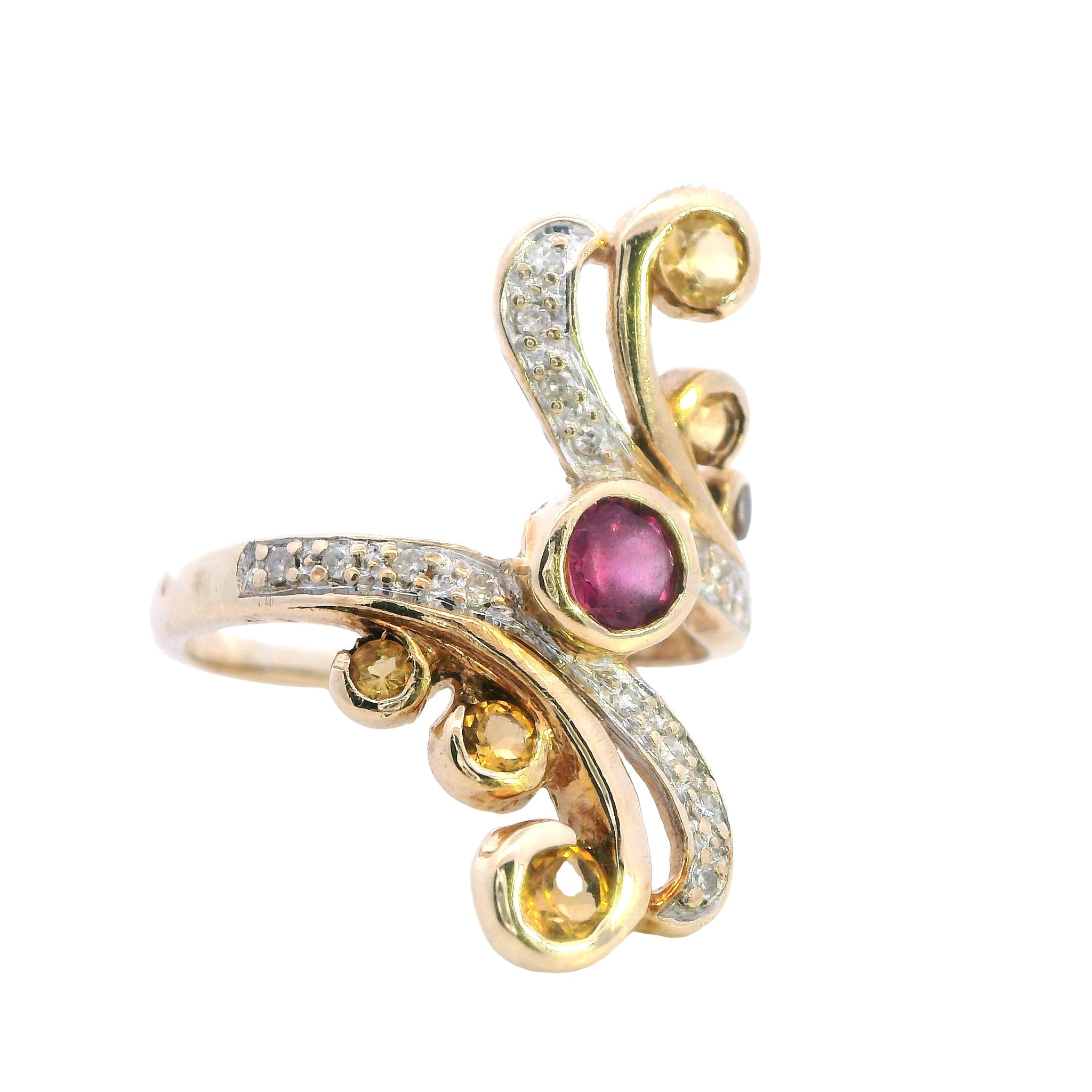 9ct Yellow Gold Sapphire, Citrine, and Diamond Ring - Image 2