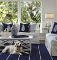 Image is white slipcovered sofas, a Hampton mahogany coffee table and the Cape Cod Navy Blue Rug. 