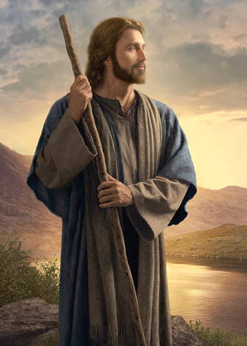 Jesus holding a shepherd's staff by a calm river.