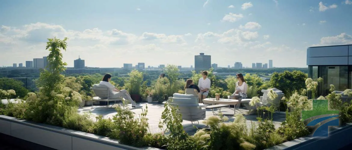 Hospital rooftop garden with nurses enjoying a sustainable break environment