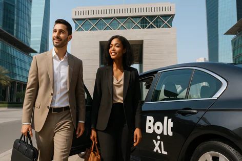 Professional man and woman, carrying bags, walk towards an open black Bolt XL car door in a sunny urban environment with modern buildings.