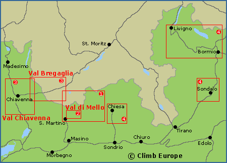 Map of the rock climbing areas in Valtellina including Val di Mello and Val Chiavenna