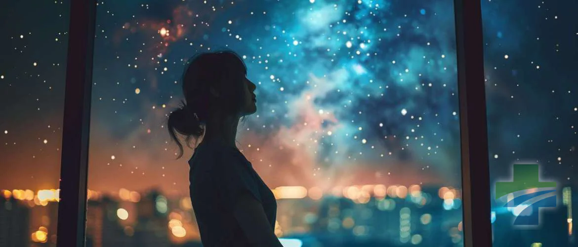 Travel nurse reflecting on the day's impact under a starlit sky.
