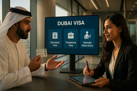 Man in traditional dress discusses Dubai visa options with a woman in business attire. A screen displays Standard, Freelance, and Remote Work Entry visas.
