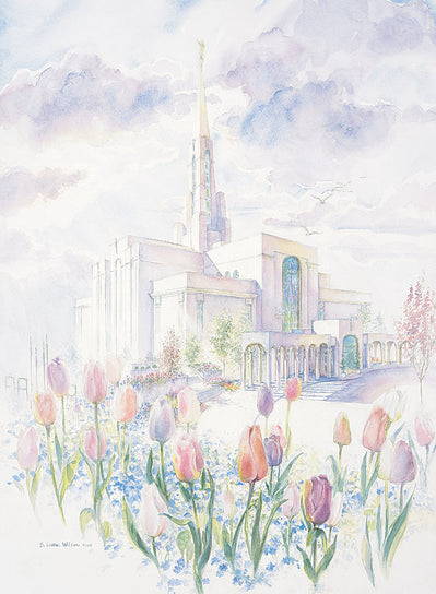Watercolor painting of the Bountiful Temple.
