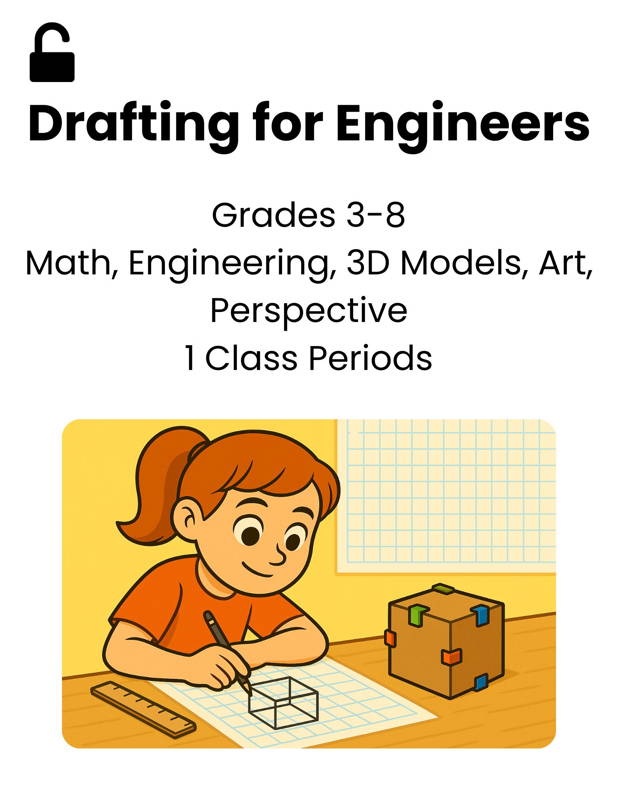 Student drawing a 3D cube on graph paper while using a ruler and a cardboard model with 3DuxDesign connectors. This drafting and perspective STEM activity for grades 3–8 teaches math, engineering design, 3D modeling, and art skills through hands-on practice.