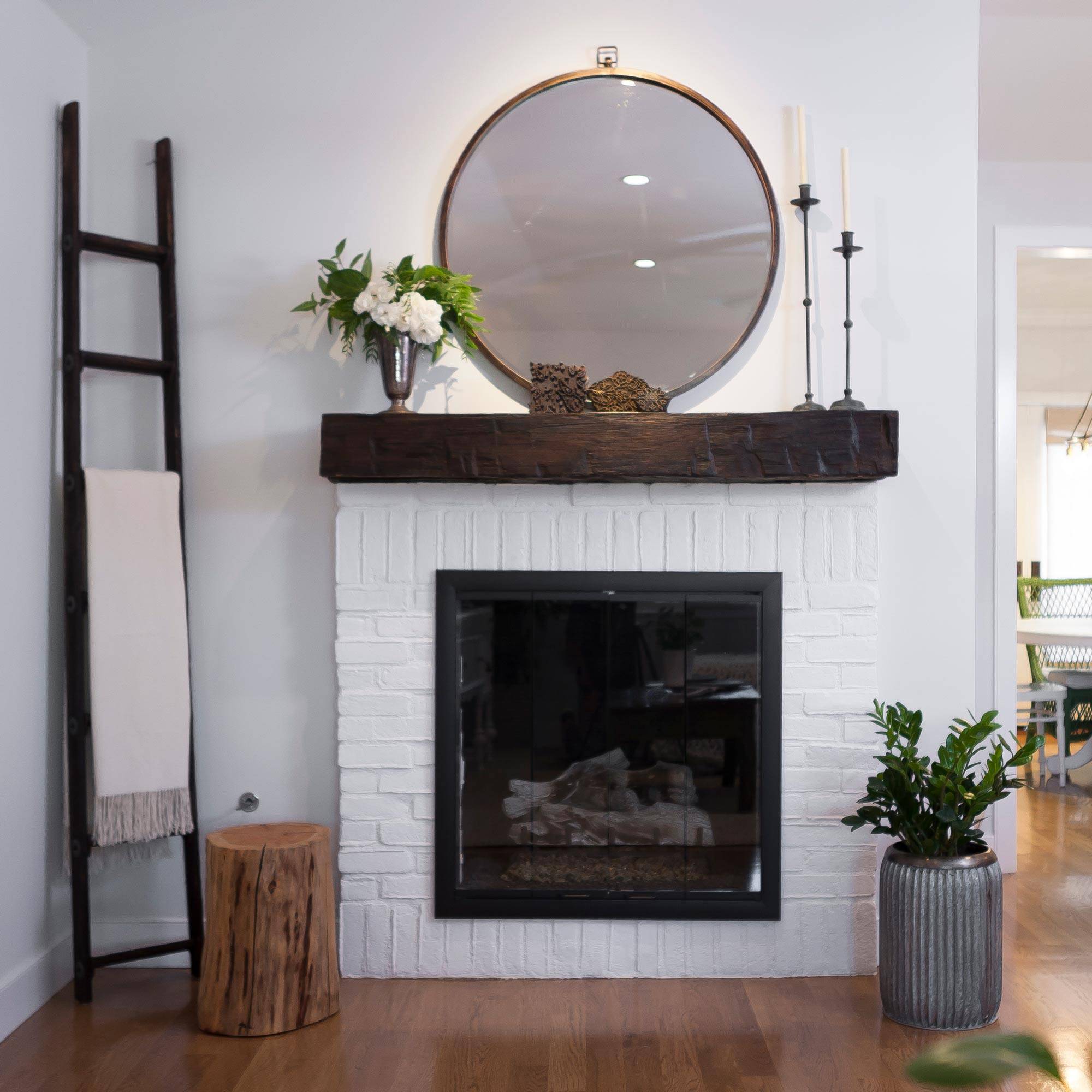 White Brick Fireplace with Styled Mantle